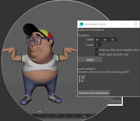 AnimationTester deformation test window on a character rig