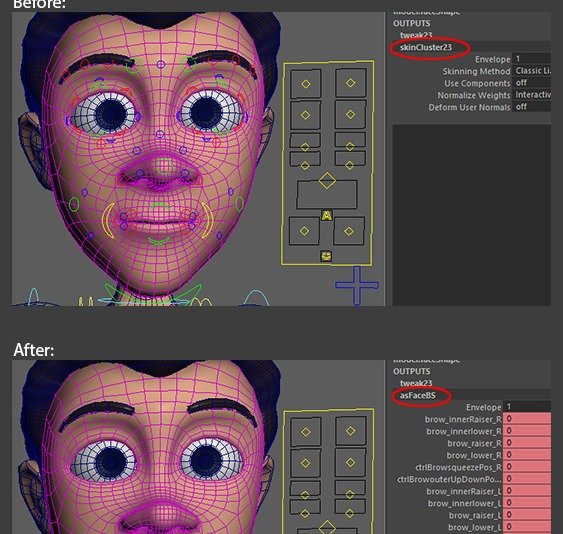 Face setup before and after converting to BlendShapes