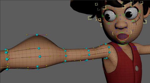 AdvancedSkeleton shaper controls placed along a character's arm and face.
