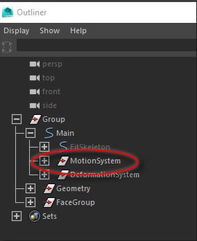 Maya Outliner with MotionSystem circled