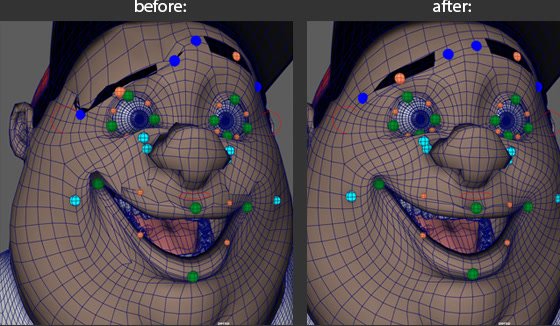 Face blendshape target before and after DeltaMush