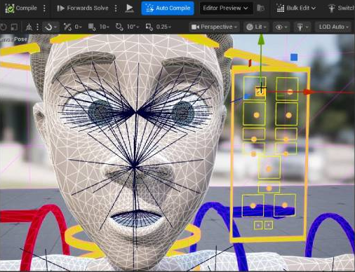 Unreal Face-Controller with a joint-based face rig and yellow control panel.