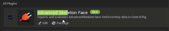 Advanced Skeleton Face plugin listed in Unreal's plugin browser.