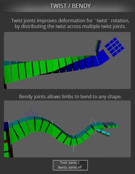 Fit attributes provide advanced setup options for twist, bendy, orientation, mirroring, skinning, IK, attachment, and control behavior.