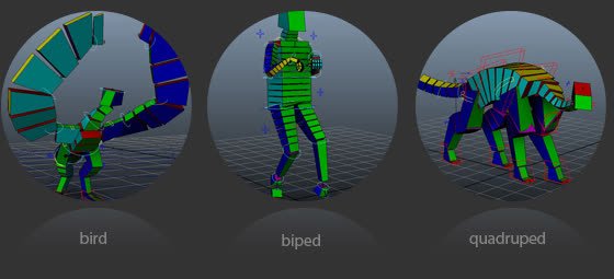 Bird, biped, and quadruped fit skeleton examples