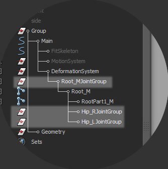 Outliner showing deformation joint groups