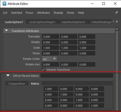 Maya Attribute Editor showing Offset Parent Matrix
