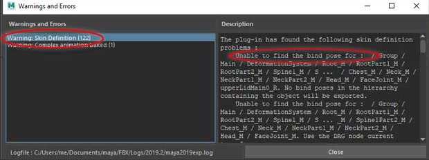 Maya warnings showing skin definition and bind pose messages