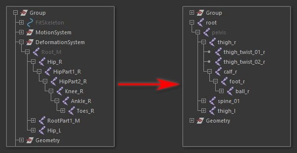 Rename to Unreal renames deformation joints and adjusts hierarchy for Unreal convention.