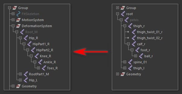 Restore returns Unreal-style joint names and hierarchy to AdvancedSkeleton convention.