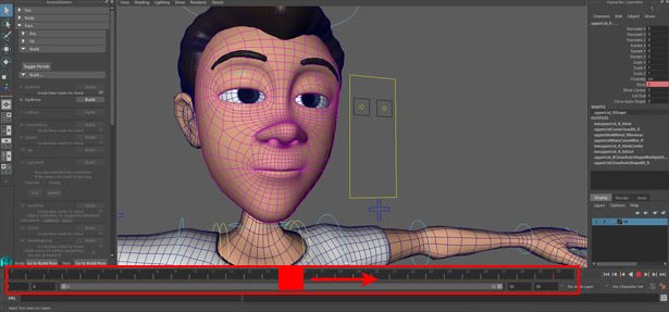 Maya timeline highlighted for scrubbing the face animation