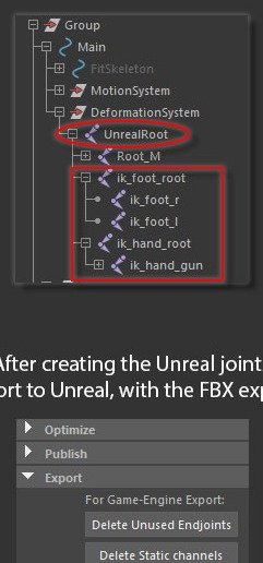 Unreal Root & IK Joints creates extra Unreal root and IK joints for FBX export.