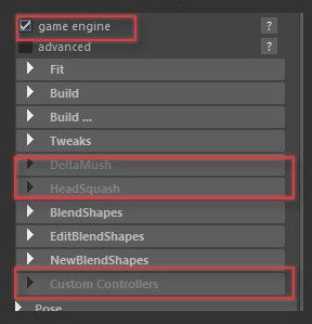 Game Engine option disabling Delta Mush, Head Squash, and Custom Controllers sections