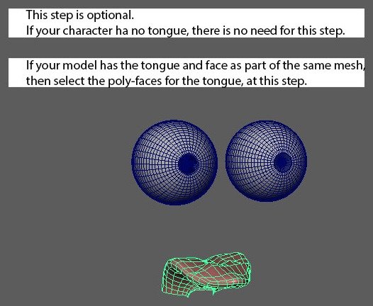 Tongue selects the tongue or its poly-faces when it is part of the face mesh.