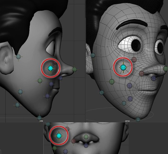 Cheek-bone placement point shown in side, perspective, and front views.