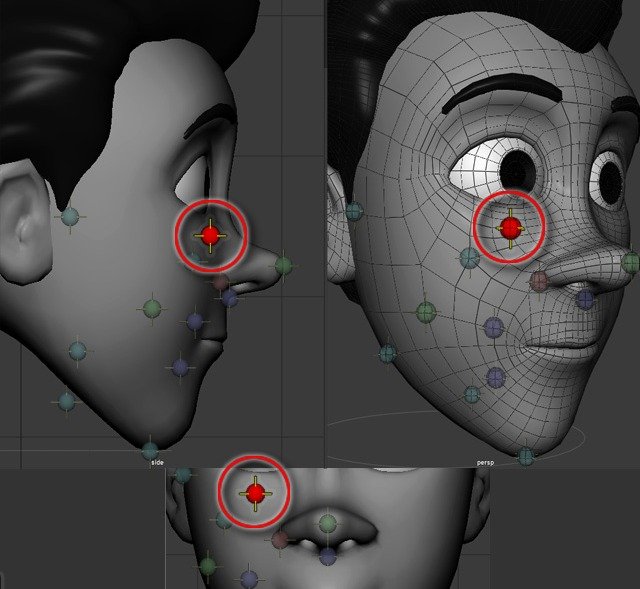 Cheek-raiser placement point shown near the under-eye cheek area.