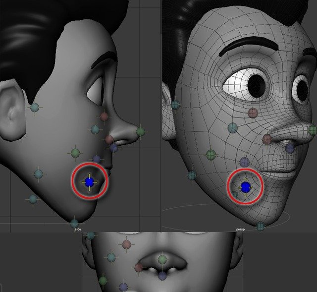 Frown-bulge placement point shown near the lower cheek and mouth corner.