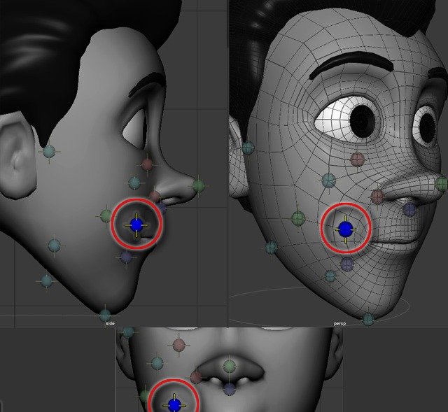 Smile-bulge placement point shown near the cheek and mouth corner.