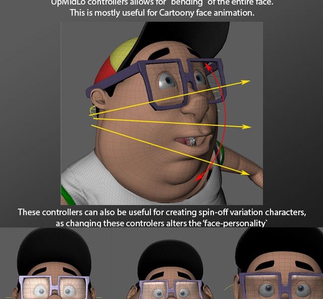 UpMidLo bends the whole face for cartoony animation and character variation.
